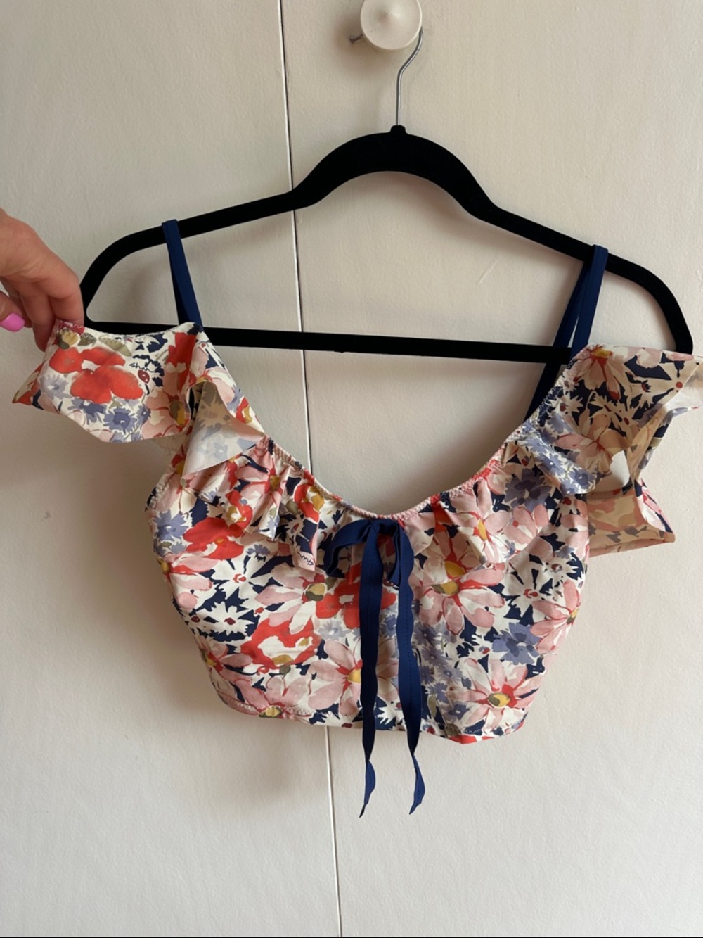 SHAN Cream Floral Tie-Detail Crop Off-Shoulder Swim Top with Navy Accents